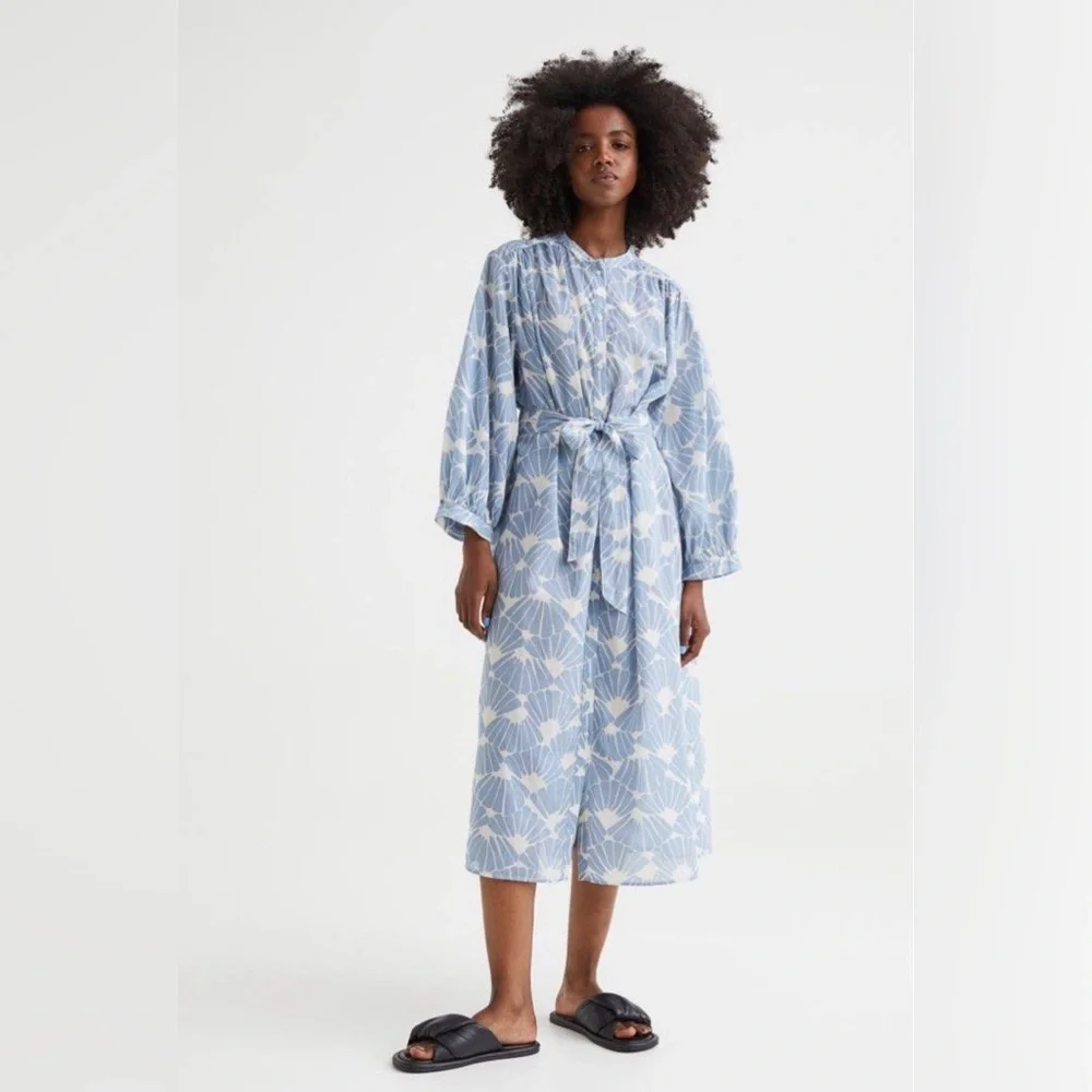 H&M | Tie Waist Balloon Sleeve Midi Dress Button Front Size M - Picture 1 of 10